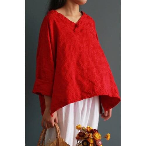 Women Jacquard Cotton Linen Plus Size Chinese Button V neck Blouse Ladies New Loose Red Shirts Three Quarter Sleeve Shirts Fall