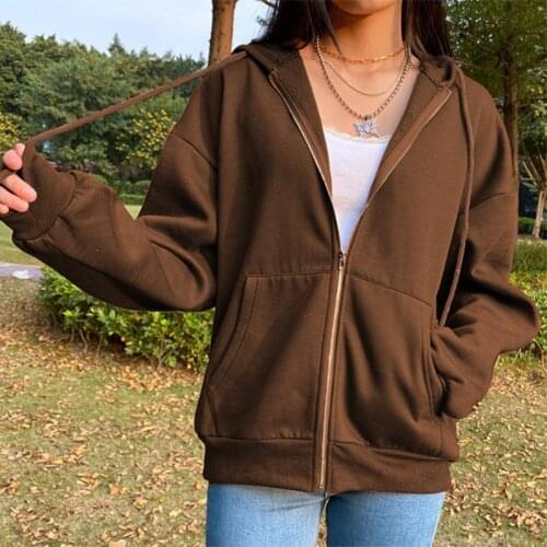New Zip-up Women Korean Style hoodies Vintage Solid Color Long Sleeve Oversized Hooded Sweatshirt Lady Women Casual Large Coats