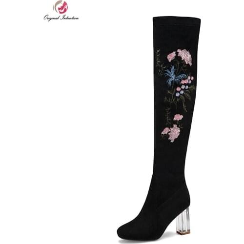 Original Intention Winter Autumn Over The Knee High Boots Square Toe Transparent Crystal Heel Embroider Shoes Woman Elegant