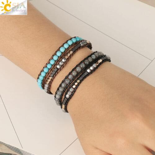 CSJA Leather Wrap Bracelets Natural Stone Hematite Lava Healing Balance Multilayer Mix Beaded Bracelet for Women Jewelry S634