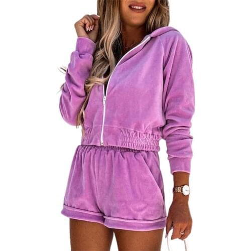 New Women Tracksuit Hoodie Suit Two Piece Set Solid Color Pocket Design Zipper Coat Short Pants Sports Sets ​vetement femme 2021