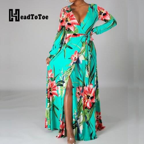 Floral Print Long Sleeve V Neck Slit Casual Maxi Dress Women