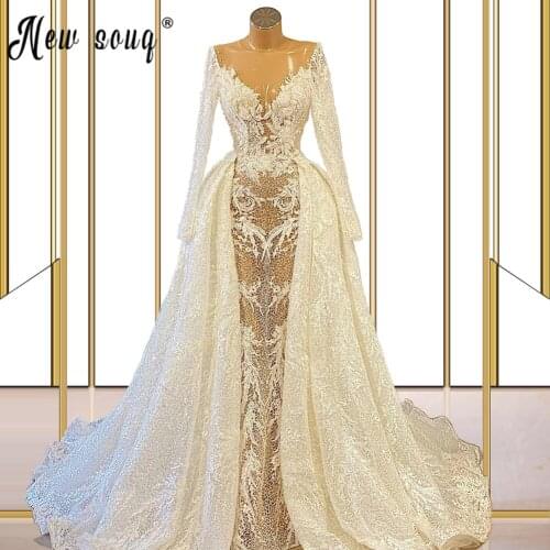 Appliques Detachable Train Lace Mermaid Wedding Dress 2021 Beading Long Sleeve V Neck Vintage Gown Bride Robe De Mariage Plus
