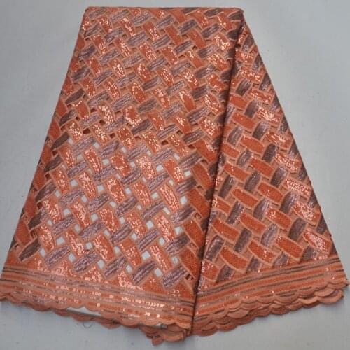 5yards/pc) High quality peach color African hand cut organza lace fabric with elegant sequins embroidery for party dress POL145