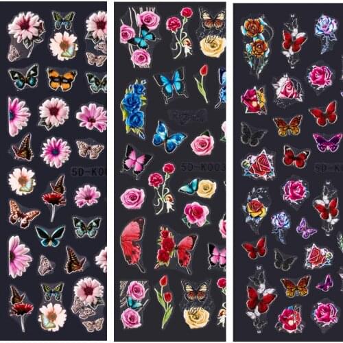 5D Embossed Nail Stickers Rose Flower Butterfly Wings Elegant Stickers Design Manicure Engraved Adhesive Sliders Nails Accessory