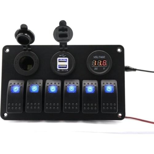 6 GANG BLUE LED ROCKER SWITCH CONTROL PANEL CAR MARINE BOAT CIRCUIT LED BREAKER WITH VOLTMETER