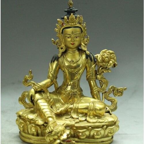 8' Old Tibet Buddhism Bronze 24K Gold Lotus Flower Green Tara Buddha Goddess