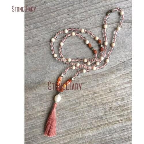Healing Clear Quartz Riverstone & Rudraksha 108 Bead Sunset Over Ganga Mala Necklace Layering Yoga Meditation Necklace NM10994