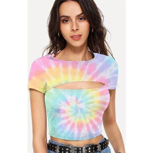 Somepet Tie Dye T-shirt Women Dizziness Hollow Out T shirts Harajuku Navel Bare Colorful Tshirt Printed Short Sleeve Hip Hop