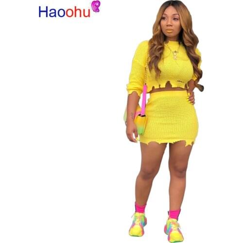 HAOOHU 2019 Women autumn Winter Knitted Hole Crop tee top mini skirts suit two piece set night club skinny dress tracksuit