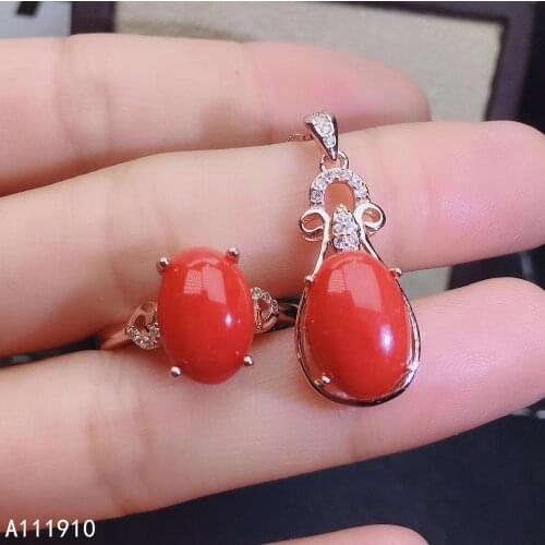 KJJEAXCMY fine jewelry 925 sterling silver inlaid Natural Red Coral exquisite pendant ring female suit support detection