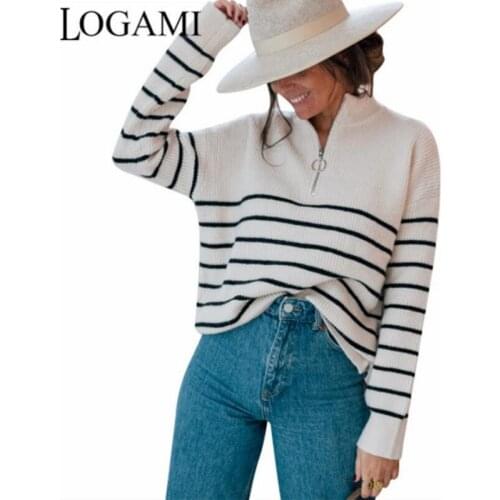 LOGAMI Stripe Fall Sweaters for Women Long Sleeve Zipper Collar Pullover Woman Winter Jumper