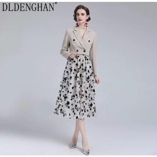 DLDENGHAN Fashion Designer Autumn Suit Women Long Sleeve Short Coat + Spaghetti Strap Floral Print Mesh Dress Two Piece Set