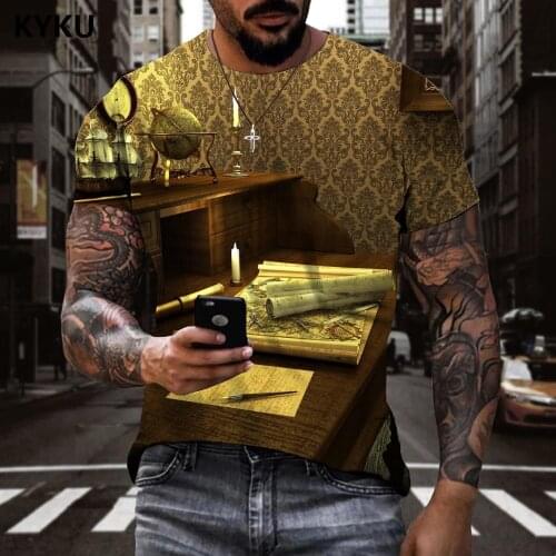 KYKU Brand Compass T shirt Men Map Shirt Print Candle Tshirt Printed Retro T-shirts 3d Mens Clothing summer Fashion Style Tops