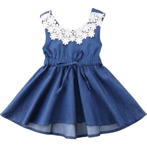 New Fashion Floral Kids Baby Girls Summer Dress O-Neck Lace Denim Princess Party Pageant Dress Sundress