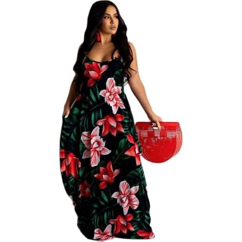 Ladies Print Floral Long Boho Bohemian Beach Summer Dress Women Sundress Sexy V-Neck Sleeveless Strap Maxi Vintage Dress Vestido