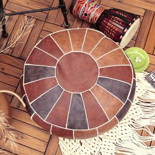 Moroccan PU Leather Pouf Embroider Craft Hassock Ottoman Footstool Round Large 50*50*25cm Artificial Leather Unstuffed Cushion