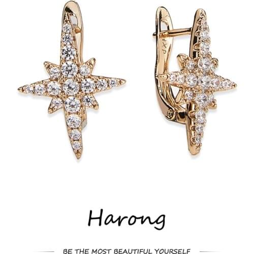 Harong Luxury Star Stud Earrings Inlaid Crystal Sparkling Charm Copper Jewelry Accessories For Woman Girl Gold Ear Clip Gift