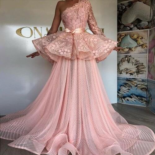 Pink Muslim Evening Dresses A-line One-shoulder Long Sleeves Tulle Lace Dubai Saudi Arabia Long Prom Dress Gown Robe De Soiree