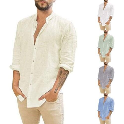 Mens Stand Collar Linen Cotton Button Long Sleeve Shirt Spring Casual Premium Solid Color Breathable Shirt Mens Clothing Top
