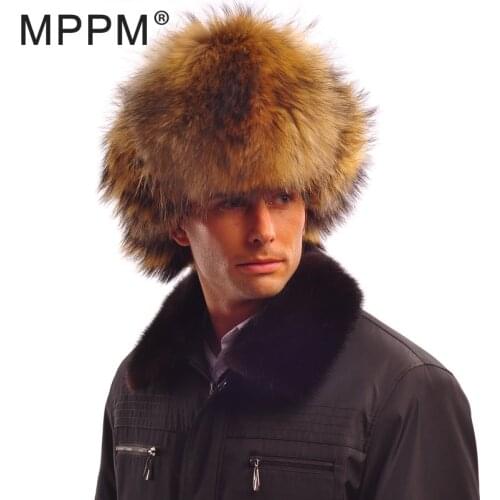 MPPM Real Raccoon Fur hat Bomber Hats Raccoon Fur Hats Women Men Warm Genuine Fur Female Brown Natural Fur Unisex Russian Bomber