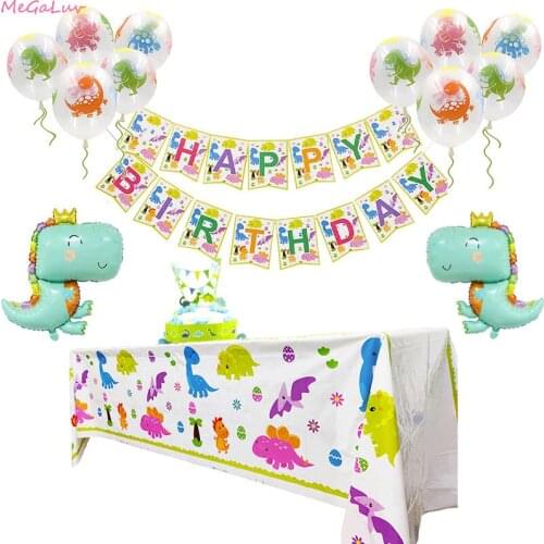 Cute Cartoon Dinosaur Party Kids 1st Birthday Decoration Happy Birthday Banner Tablecloth Baby Shower Foil Ballons Party Supply