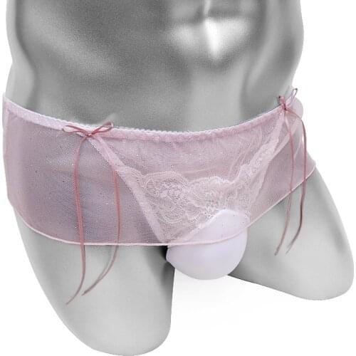 Sheer See Through Skirted Mens Thong Underwear With Penis Pouch Sexy Sissy Panties Lingerie Lace Bowknot G String Male Bikini