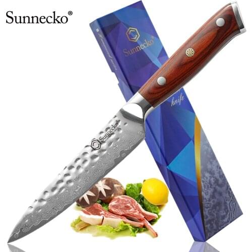 Sunnecko 5" Utility Knife Damascus Steel Fruit Paring Razor Sharp Blade Japanese VG10 Steel Core Kitchen Knives Wood Handle