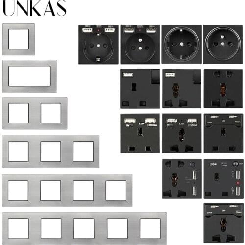 UNKAS Stainless Steel Panel EU French Socket Dual USB Charger Universal 5 Hole LED 3 Hole UK DIY Modules Free Combination Outlet