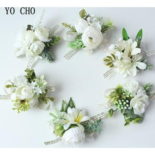 YO CHO White Groom Boutonniere Bride Wrist Corsage Artificial Silk Rose Flower Men Women Wedding Flower Prom Party Decorations