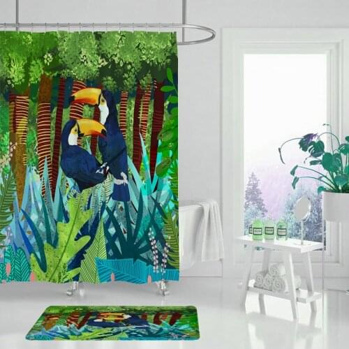 Shower curtain tropical flower and bird bathroom curtain set non-slip carpet bath mat home decoration