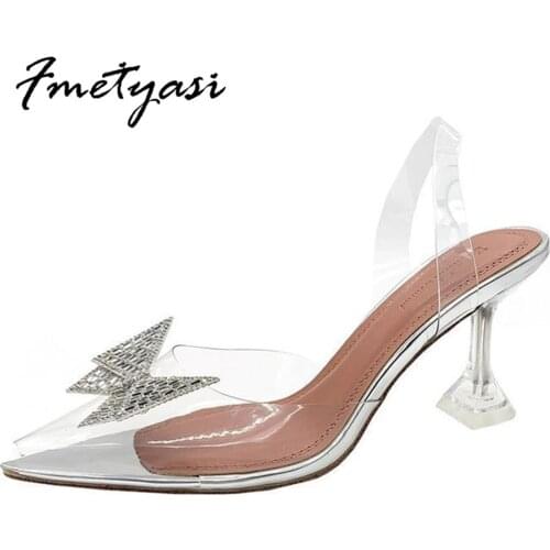 Women Summer High-heeled Sandals 2021 Bling Butterfly-knot Womans Pumps Sewing Street Style Pointed Toe Front Rear Strap