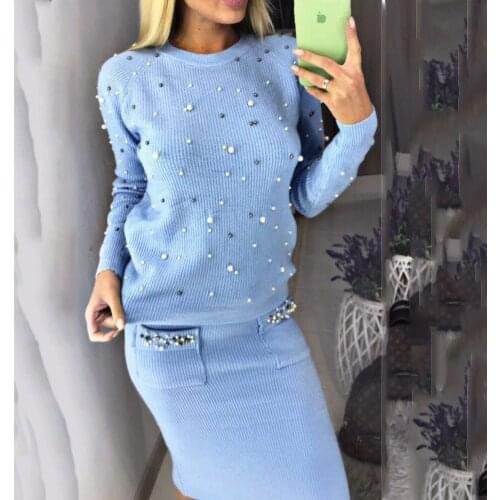 New Winter Autumn Sweater Set for Women O Neck 2 Piece Sets Office Lady Knit Pullover Beading Elastic Waist Skirt Outfits Spring