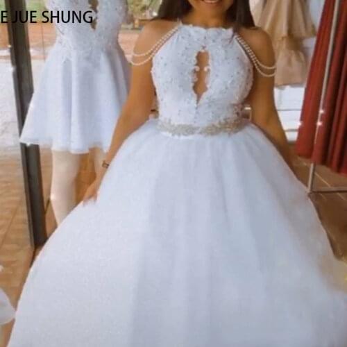 E JUE SHUNG White Lace Appliques Pearls Two Pieces Wedding Dresses Crystals Sash Detachable skirt 2 in 1 Bridal Wedding Gowns