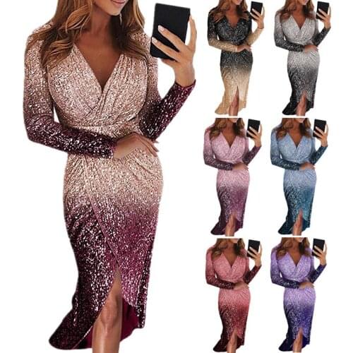 COLDKER Sexy V-neck High Slim Party Dress Women Glitter Sequined Bodycon Dress Long Sleeve Midi Tunic Dress Female Vestido