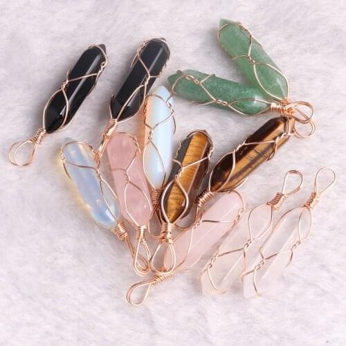12PCS Wire Winding Hexagonal Necklace Pendants Nastul Crystal Opal Tiger Eyes Aventurine Stone 32*8 Beads For Jewelry Making
