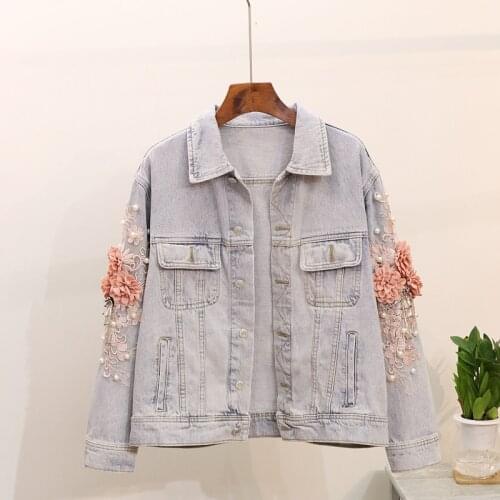2020 Autumn Jacket Turn Down Collar Pearl Flower Embroidery Women Tops Denim Coat Chaqueta Mujer Outwear Casaco