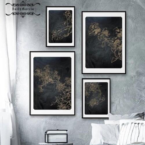 Abstract Minimalist Black Golden Flower Poster Canvas Print Modern Luxury Wall Art Interior Painting for Home Decoration Picture
