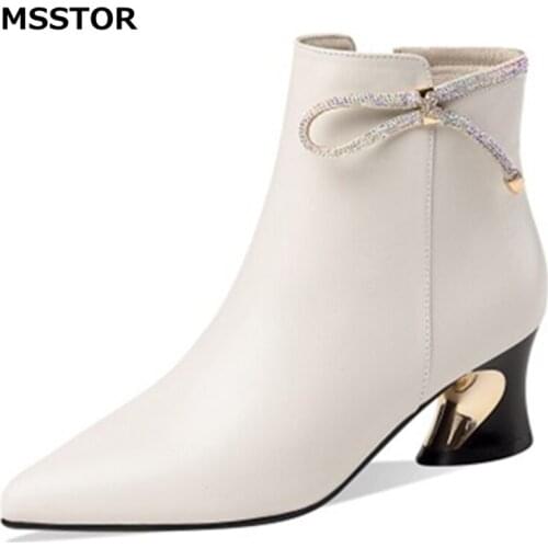 Genuine Leather Black Ankle Boots Women Pointed Toe Solid Zipper Concise Elegant Rivet Party High Heels Shoes Winter Ladies