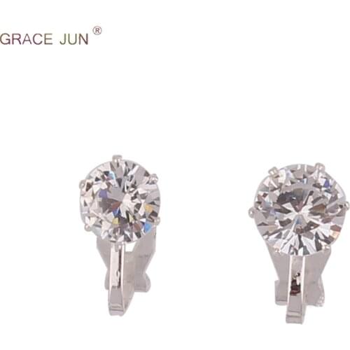 GRACE JUN Hot Sale Cubic Zircon Small Round Geometric Clip on Earrings for Girl Kid Party Charm Without Pierced Earring Ear Clip