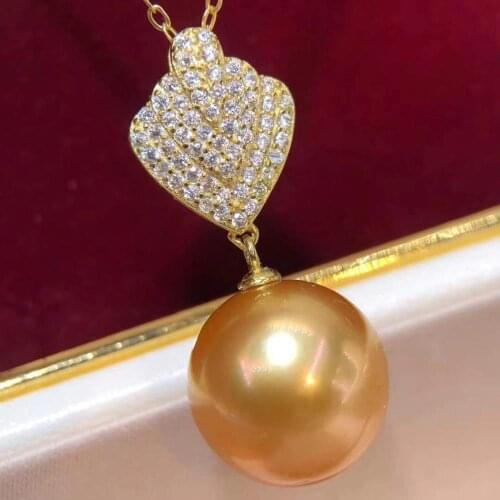 D915 Pearl Pendant Fine Jewelry Gold Filled Round 12-13mm Sea Water Golden Pearls Pendants Necklaces for Women Presents