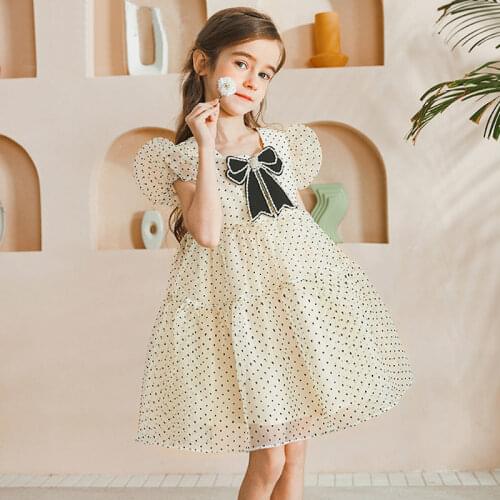 Children Girls Short Puff Sleeve Dress Teens Girls Summer Bow Dots Ruffles Dresses for Girls Cake Tutu Dress Kids Party Vestidos
