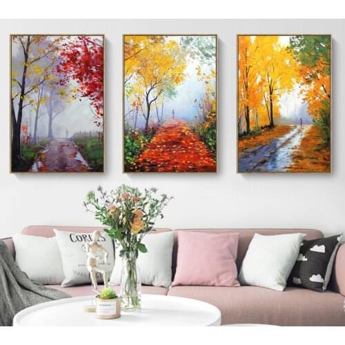 Secluded Forest Creek Landscape Canvas Painting Autumn Deciduous Forest Road Wall Art Nordic Poster and Print Picture Home Decor