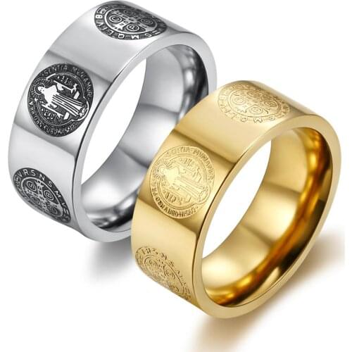 Catholic Jewelry Christian Cross Gold Round Band St Benedict Exorcism Ring Avoid Demon Ghost Hunter