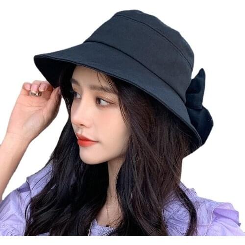 Plain Colors Bowknot Bucket Cap Trendy Travel Packable UV Sun Cap Wide Brim Hat Floppy Sun Hats Boater Hat For Female