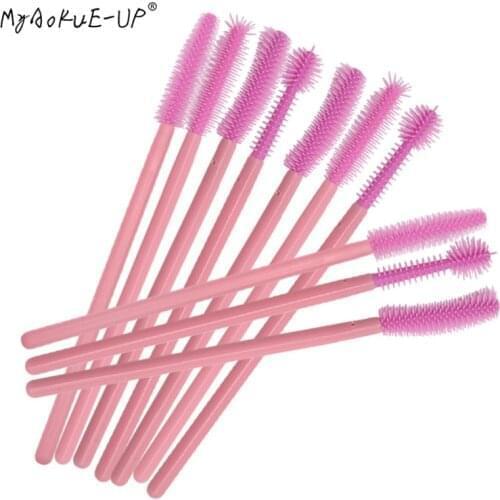 50 pcs Full Pink Disposable Silicone Brush For Eyelash Extension women Makeup Brushes Eye Lash Mascara Wands Applicator tools