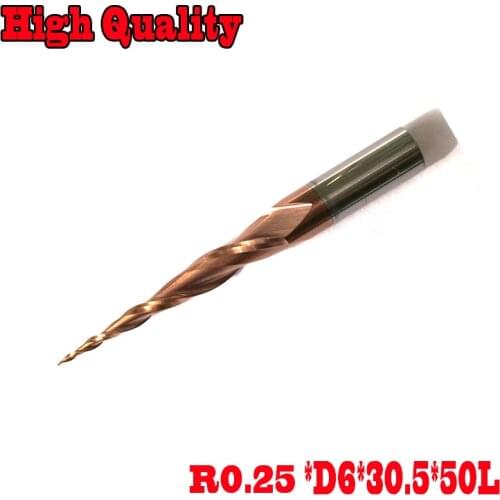 1pc R0.25*D6*30.5*50L*2F HRC55 Tungsten solid carbide Coated Tapered Ball Nose End Mill taper and cone endmills