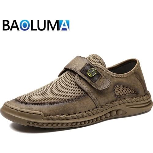 Summer Mens Casual Shoes Real Leather Mesh Breathable Mens Moccasins Denim Loafers Mens Sneakers Soft Platform Shoes Hot sale