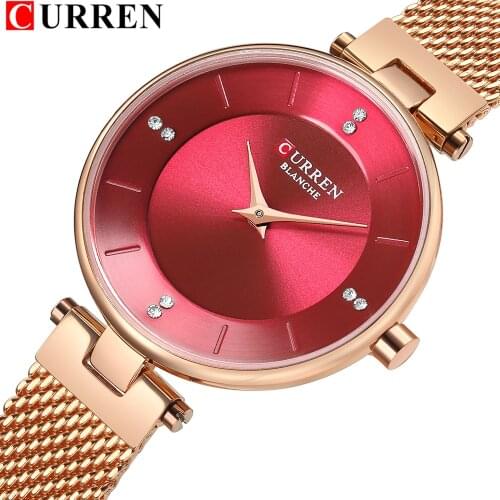 Hot Fashion Stainless Steel Mesh Watch For Women Relogio Feminino CURREN 2018 Ladies Quartz Bracelet Watch Pomegranate Red Dial