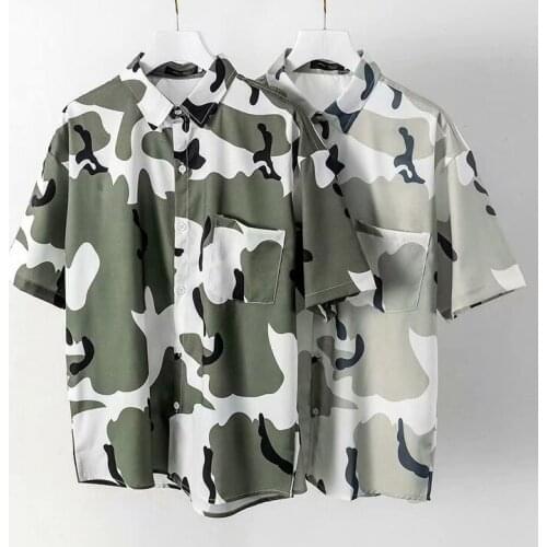 Men Camoflouge Harajuku Hawaiian Shirts Short Sleeve 2020 Summer Korean Streetwear Blouses Camo Cotton Button Up Shirt M-3XL
